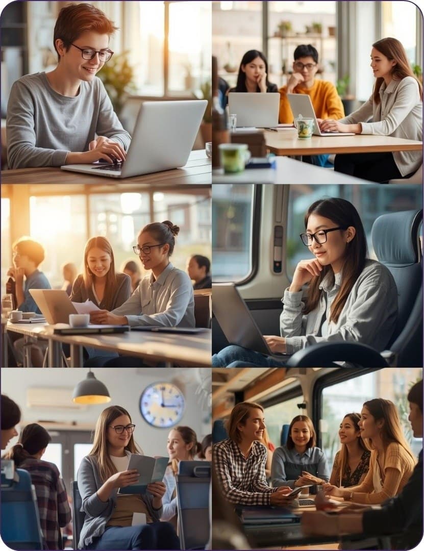 Montage de plusieurs personnes en train d'étudier dans des contextes différents : à la maison, au café, au travail et en déplacement.